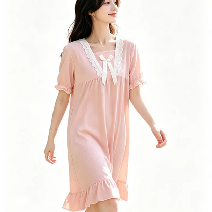 Summer Pajamas Dresses Sleepwear Sweet Korean Style Night Dress Women Nightgown Short Sleeve Lingerie Lace Patchwork Nightie