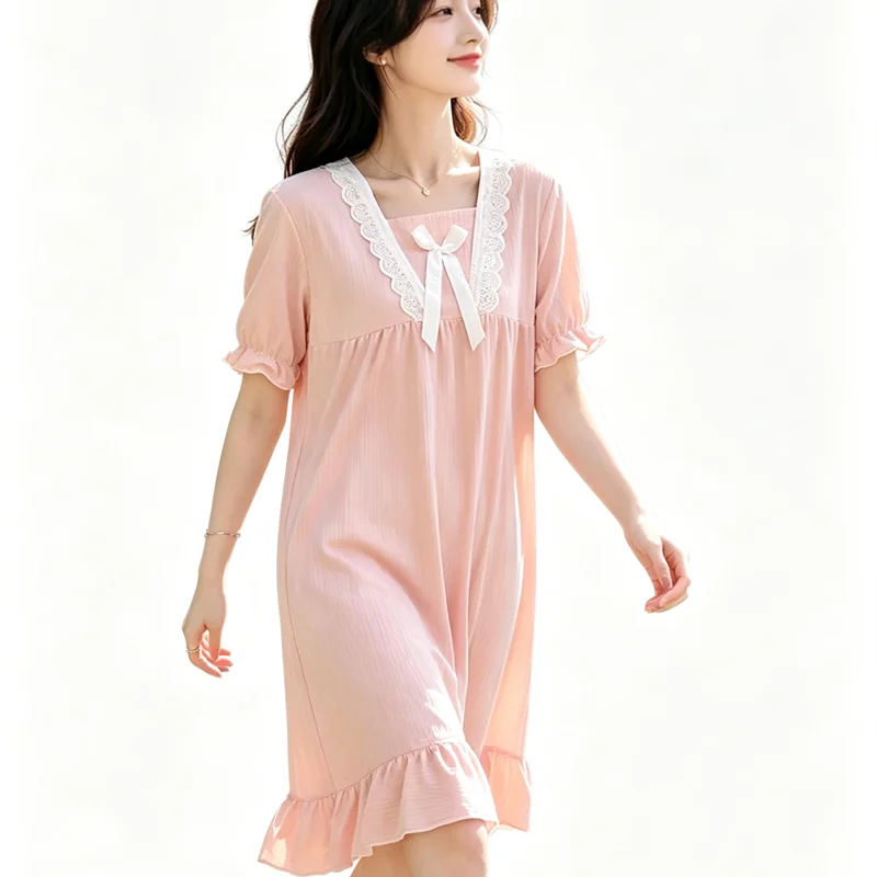 Summer Pajamas Dresses Sleepwear Sweet Korean Style Night Dress Women Nightgown Short Sleeve Lingerie Lace Patchwork Nightie