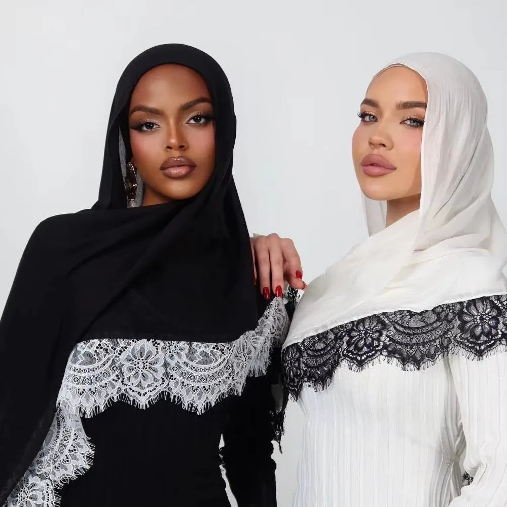 Ramadan Rayon Cotton Modal Hijab Scarf Lace L Edge Splicing Turban Breathable Shawl Cotton Plain Scarf Headscarf Women Hijabs
