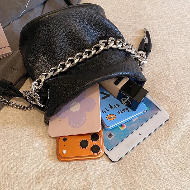100% Genuine Leather Women Shoulder Crossbody Bags High Quality Solid Color Cow Leather Bucket Handbag Luxury Female Sac