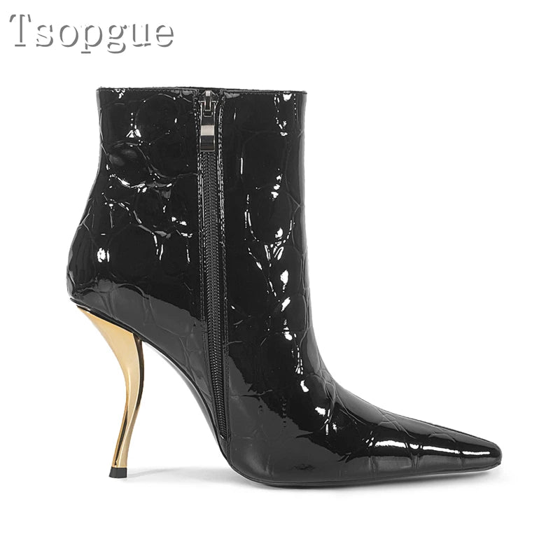 Desinger New Black Patent Leather Women Ankles Boots Pointed Toe Golden High Heels Sexy Short Boots Fashion Runway Show Shoes