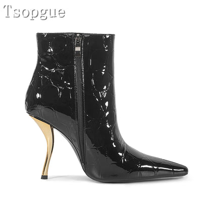Desinger New Black Patent Leather Women Ankles Boots Pointed Toe Golden High Heels Sexy Short Boots Fashion Runway Show Shoes