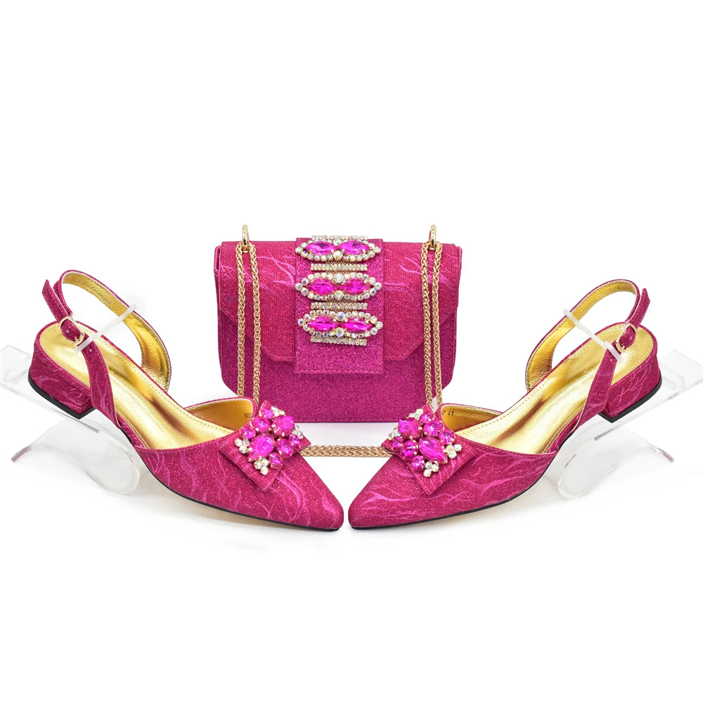 Designer Shoe and Bag Sets From Italy Luxury Rhinestone African Women Shoes and Bags Italy Low Heels Pointed Toe Woman Pumps