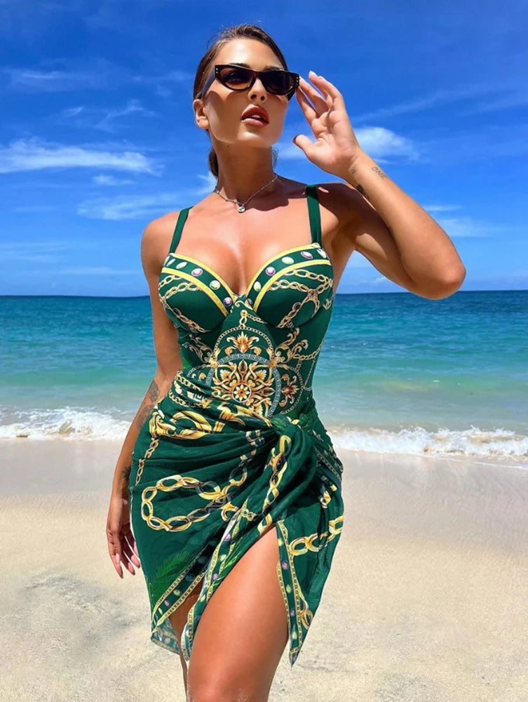 Underwire Women Sexy Swimsuit 2 Piece Swimwear Slim Monokini Chains Print Push Up Bikini Black Blue Green Beachwear Light Luxury