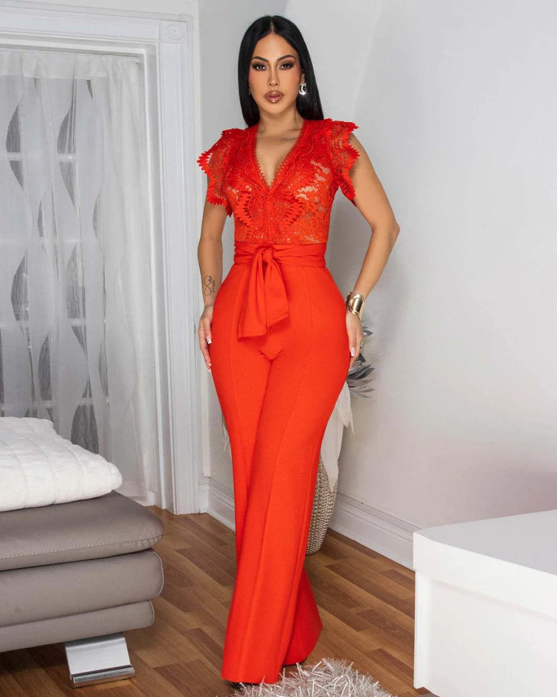 Women Outfits Elegant Luxury One Piece V Neck Romper Bandage High Waist Sexy See-Through Lace Patchwork Sleeveless Jumpsuits