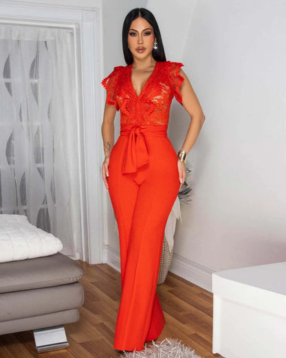 Women Outfits Elegant Luxury One Piece V Neck Romper Bandage High Waist Sexy See-Through Lace Patchwork Sleeveless Jumpsuits