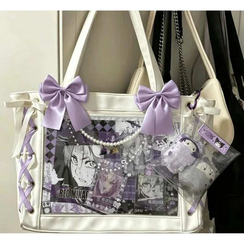 New Japanese Cute Sweet Ribbon Ita Bag Lolita Girls Transparent Handbags Fashion Large Capacity Tote Bag Aesthetic Shoulder Bags
