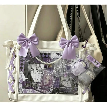 New Japanese Cute Sweet Ribbon Ita Bag Lolita Girls Transparent Handbags Fashion Large Capacity Tote Bag Aesthetic Shoulder Bags