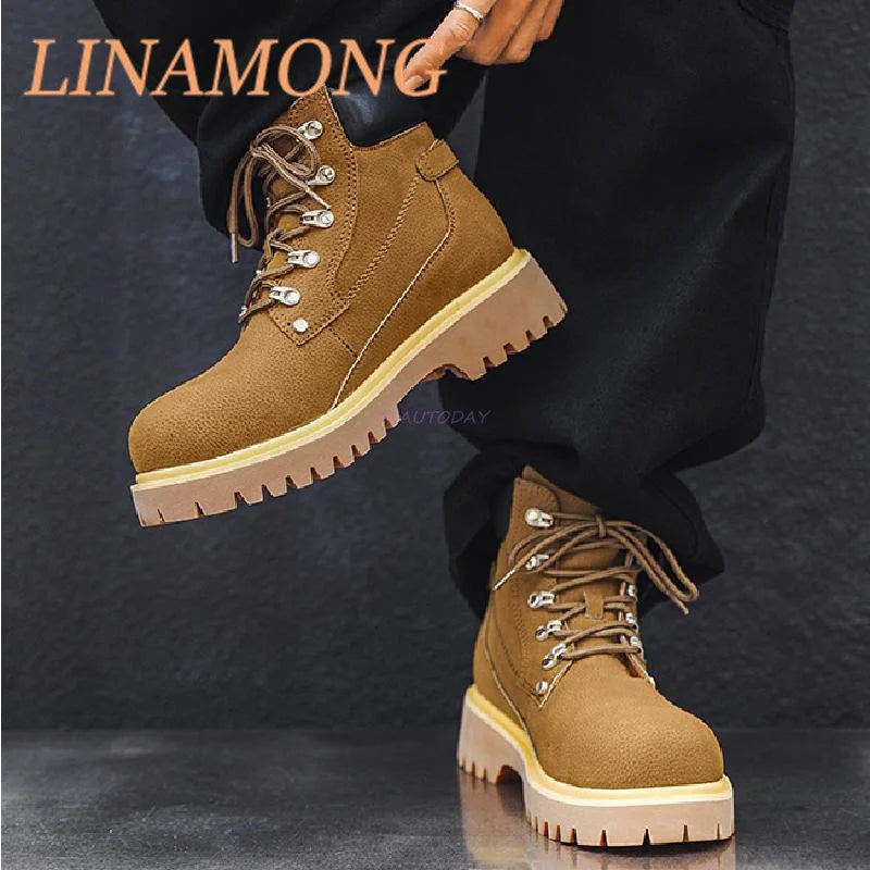 Yellow Workwear Boots Fashionable Front Strap Design Patchwork Thick Sole Buckle Decoration Anti Slip Couple's Short Boots