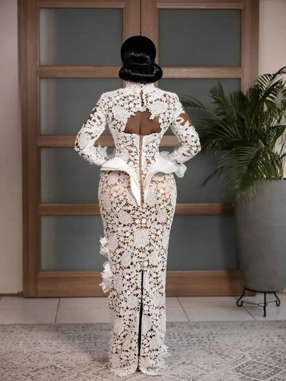 African Mermaid Wedding Dresses Illusion Lace Appliques V Neck Long Sleeve Bridal Gowns Customized Bride Dress With Detachable