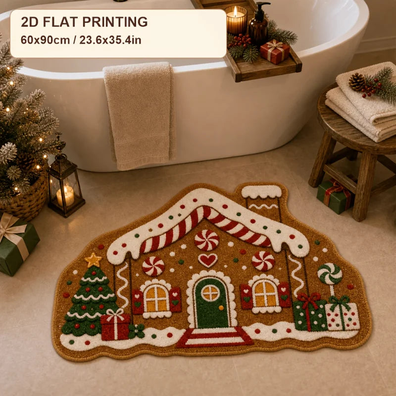 VIKAMA Xmas Holiday Cute Gingerbread House Irregular Rug Comfortable Floor Mat for Entryway Porch Xmas Home Decoration
