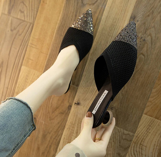 Elegant Medium Heel Women's Mules Shoes Women Designer Rhinestone Luxury Party Slippers Summer New 2025 Sandals Fashion Slipper