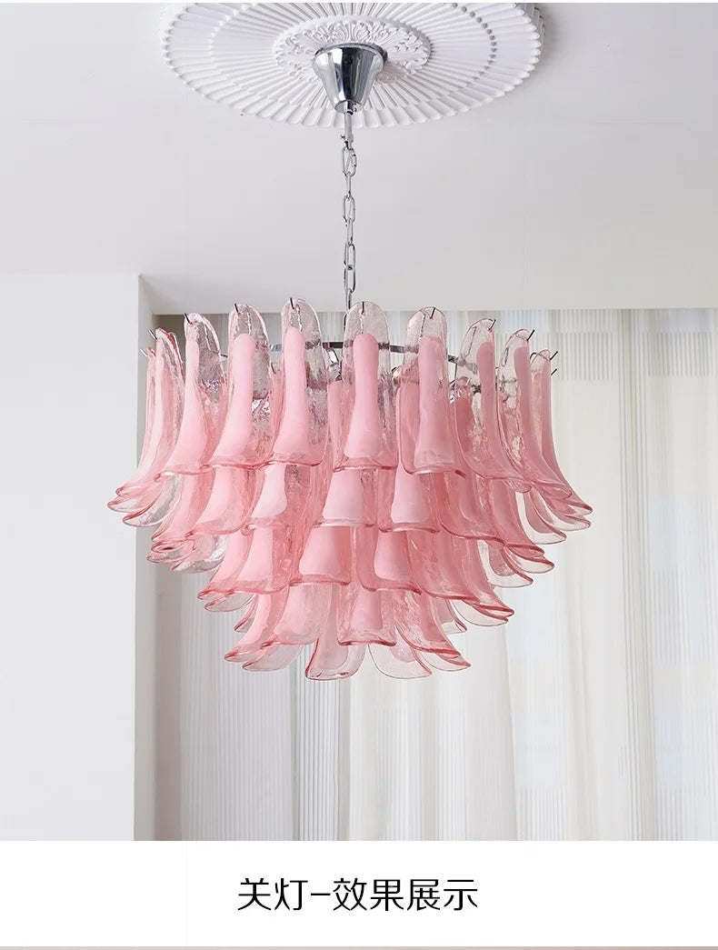 French Murano Petal Glass Chandelier Dining Table Living Room Antique Style Pink Petal Glass Pendant Chandelier Lights Bedroom