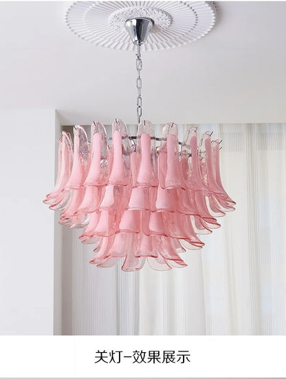 French Murano Petal Glass Chandelier Dining Table Living Room Antique Style Pink Petal Glass Pendant Chandelier Lights Bedroom