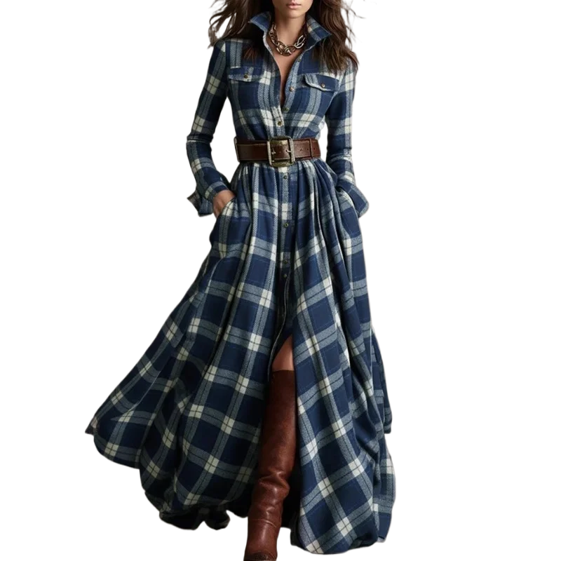 Autumn Vintage Long Sleven Dress for Women Plaid Print Shirt Maxi Dress Vacation Female Elegant Belt Loose Pocket A-line Dresses