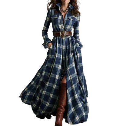 Autumn Vintage Long Sleven Dress for Women Plaid Print Shirt Maxi Dress Vacation Female Elegant Belt Loose Pocket A-line Dresses