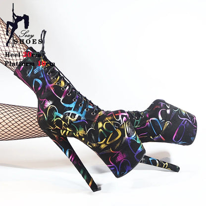 17/20CM/8Inch Print Exotic Thin Heels Boots Stripper Platform Party High Heels Shoes Pole Dancing Practice Lady Shoes Geometric