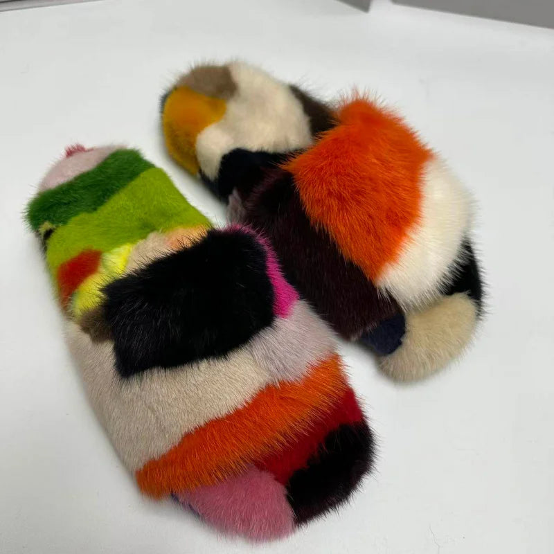 Winter Women'S Slippers Home Plush Woman Shoes Indoor Mink Fur Patchwork Color Slippers Irregular Random Seven Color Slippers