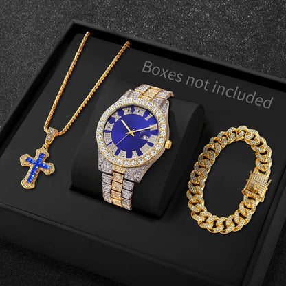 Men Iced Watch Set Red Crystal Cross Necklace Diamond Cuban Bracelet