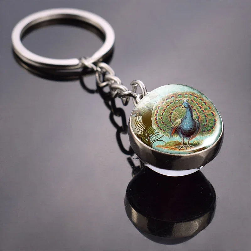 Animals Cute Keychain Cat Dog Bear Peacock Rabbit Squirrel Phoenix Double Side Glass Ball Pendant Keyring Jewelry Key Chain Gift