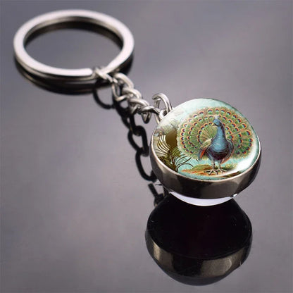 Animals Cute Keychain Cat Dog Bear Peacock Rabbit Squirrel Phoenix Double Side Glass Ball Pendant Keyring Jewelry Key Chain Gift