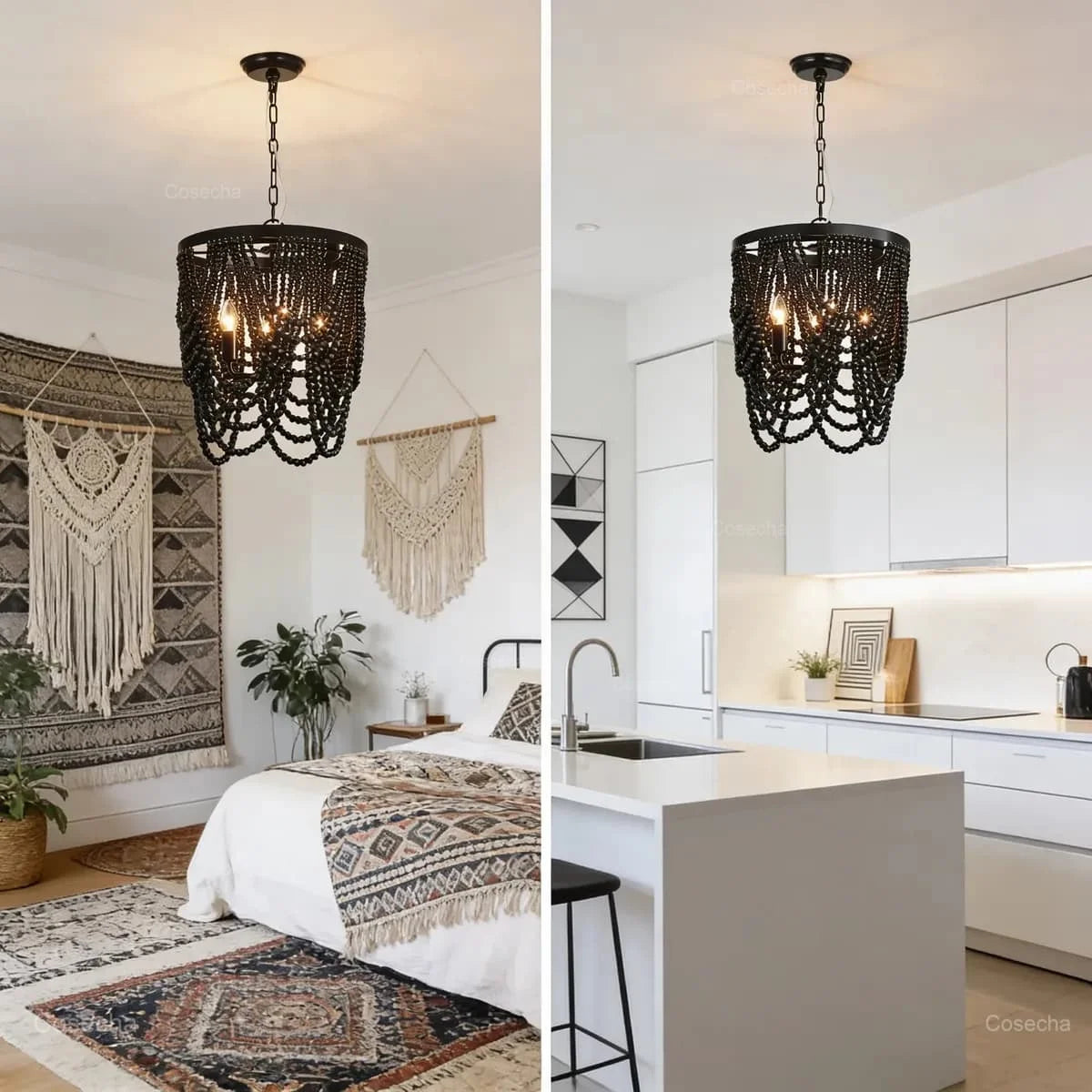 Black French Country Chandelier Large Hanging Lights Dia60 H65cm Living Room Boho Wood Bead Chandelier For Bedroom Dining Room