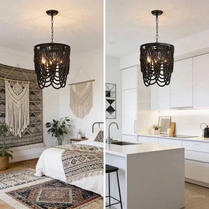 French Country white wood Bead Chandelier dining room bedroom princess Decorative chandelier 3/5 lights hanging light fixture