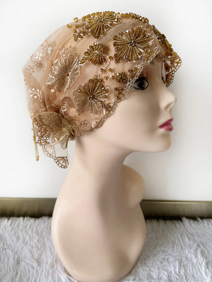 High Quality Lace handcrafted Beaded Turban Hat Female Head Wraps Caps Muslim Women Headscarf Bonnet Ready to Wear Inner Hijabs