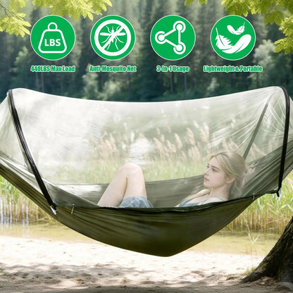 3-in-1 Camping Hammock with Automatic Pop-Up Mosquito Net, Lightweight 70D Nylon Portable Hammock Supports 440lbs, Dual Zipper Outdoor Hammock for Camping Hiking Backpacking Beach Backyard