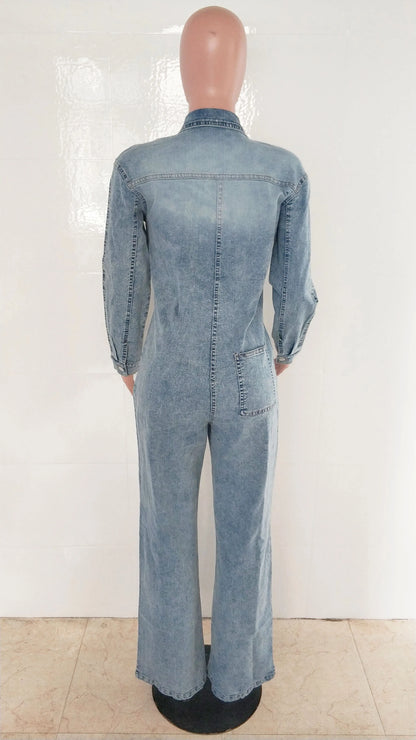 Streetwear Jeans Cargo Jumpsuit Sexy Women Turn Down Collar Elegant Wide Leg Denim Straight Romper Overalls