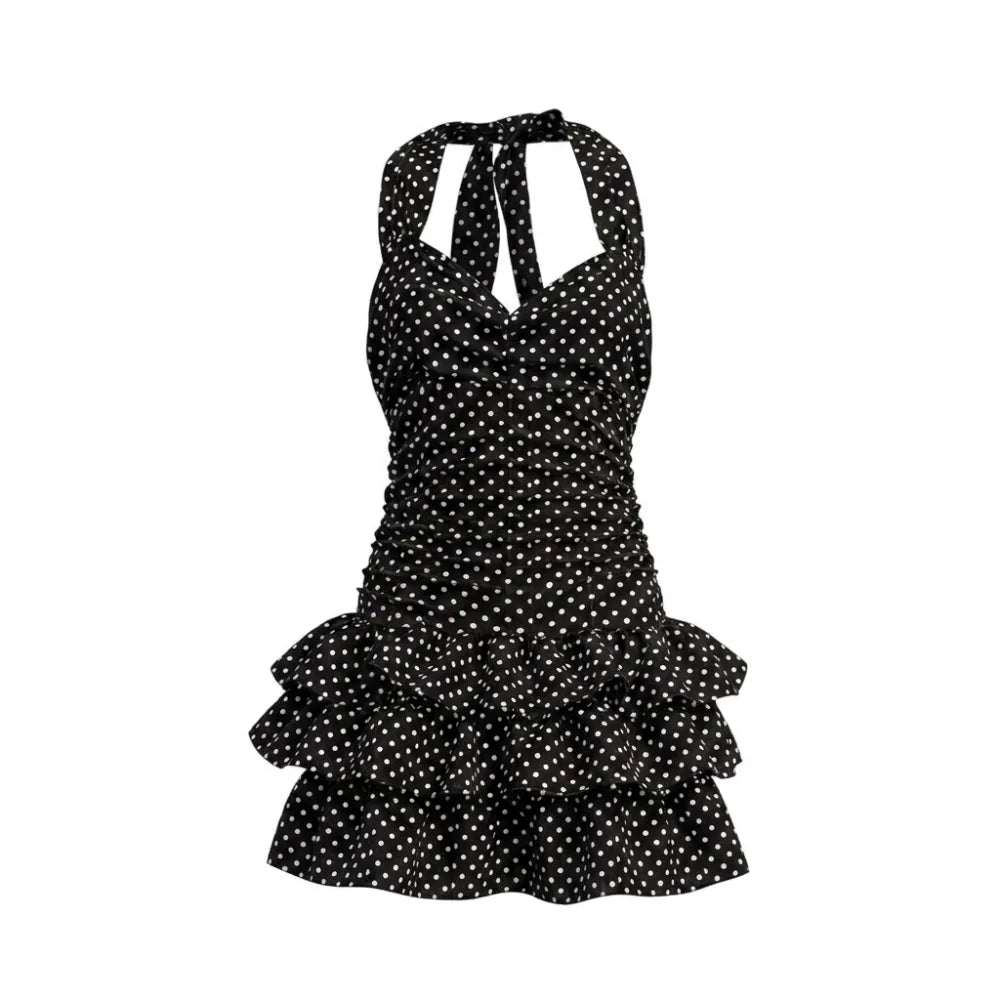 Ruffle Skirt Polka Dot One-Piece Swimsuit Backless Design Bandage Style Beach Dress Slimming Tummy Control Ruffled Hem