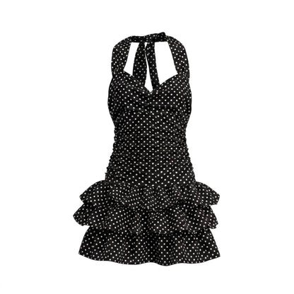 Ruffle Skirt Polka Dot One-Piece Swimsuit Backless Design Bandage Style Beach Dress Slimming Tummy Control Ruffled Hem