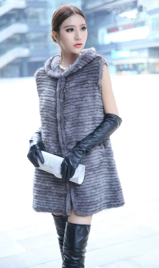 winter ladies fur vest genuine mink fur knitted warm outerwear with hood and belt  80cm long gray black autumn waistcoat
