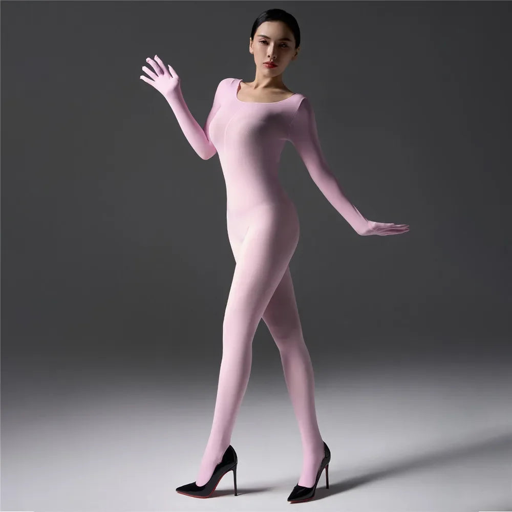 Sexy Women's Warm Full Body Bodysuit High Elastic Shaping Exotic Tights Sheer Cosplay Maid Leotard Long Sleeves Glove Jumpsuits