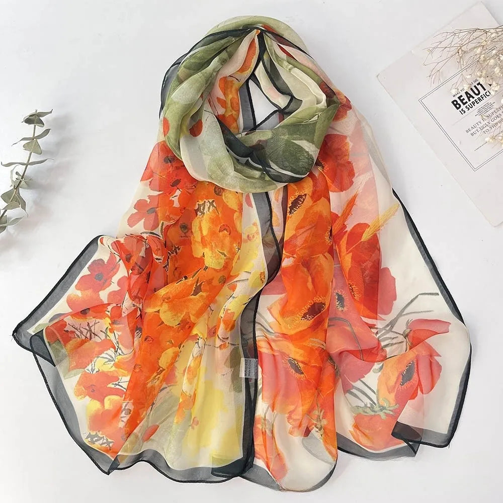 Floral Chiffon Scarf for Women - 160x50cm Silky Georgette, Lightweight  Summer Beach Wrap & Sun Protective Hijab