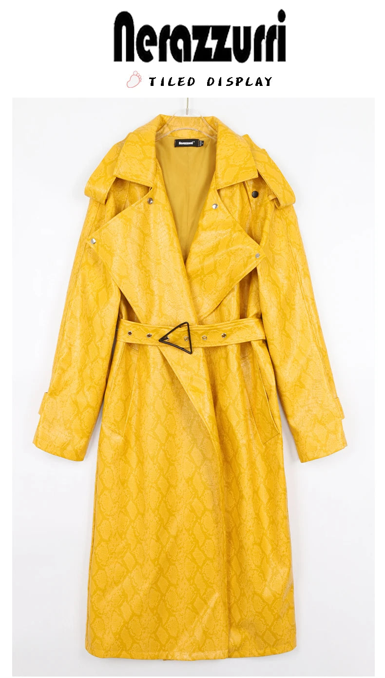 Nerazzurri Spring Autumn Long Oversized Colorful Snakeskin Print Patent Leather Trench Coat for Women Belt Runway Fashion 2022