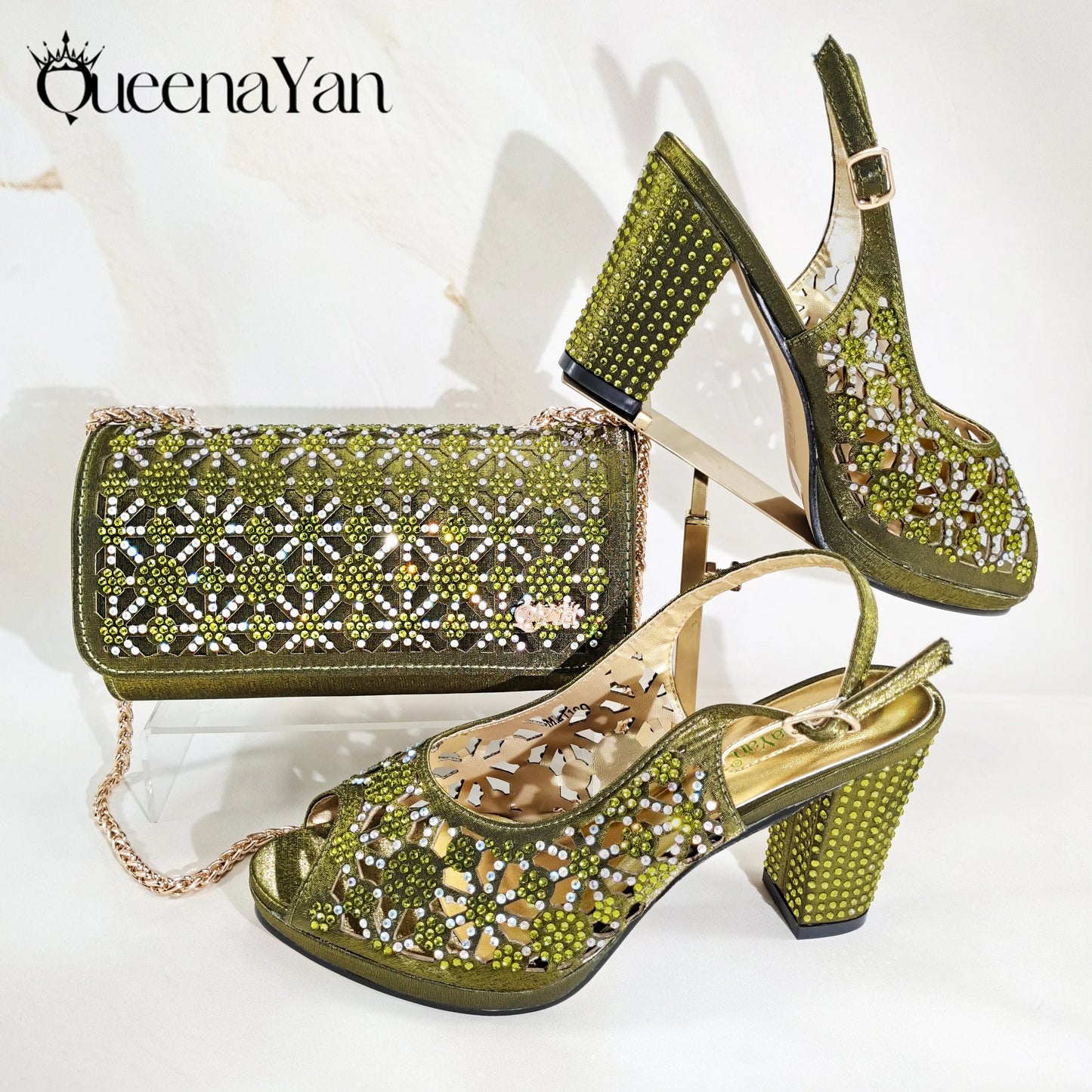 Queena Yan Popularity Olive Color Rhinestone Decoration Design Peep Toe Party Wedding Women High Heels and Bag Set