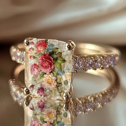 Ladies Rose Bundle Retro Illustration Square Ring Design Light Luxury Fashion Jewelry Daily Wear Special Occasions Suitable Gift