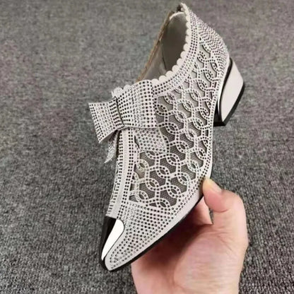 Women's Pointed Toe Sandals Luxury Breathable Mesh Bowknot Rhinestone Clear Elegant Mid-Heeled Simple Pump Shoes Mesh Sandals