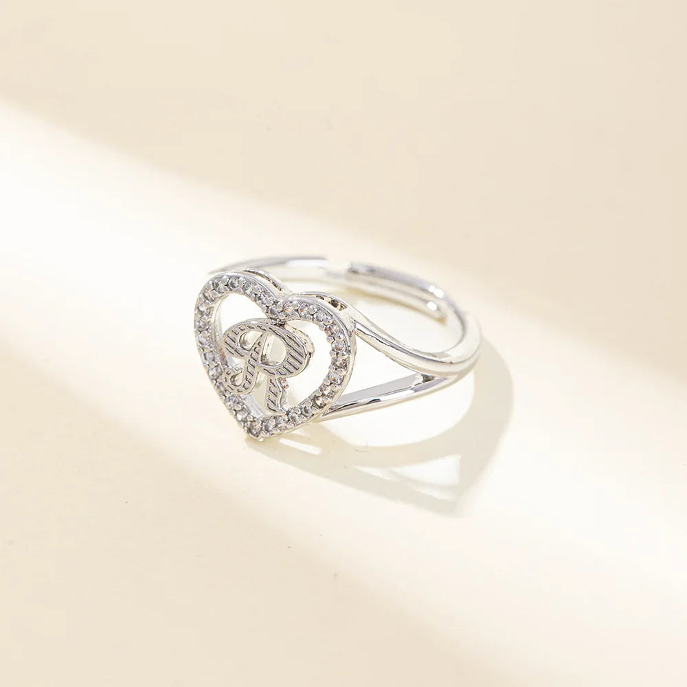 White Zircon 26 Letters A-Z Love Heart Open Adjustable Rings For Women Gold Silver Color Wedding Band Jewelry Mother's Day Gifts