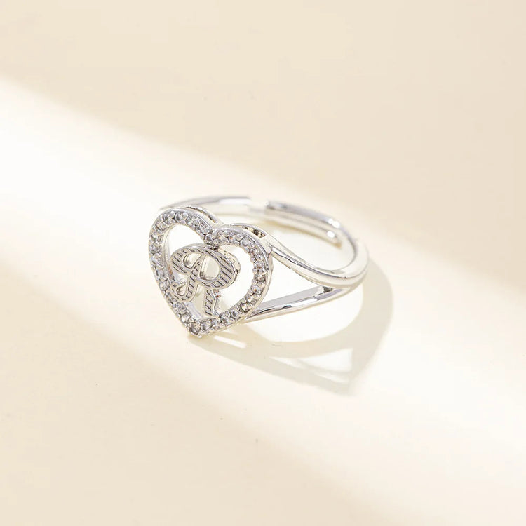 White Zircon 26 Letters A-Z Love Heart Open Adjustable Rings For Women Gold Silver Color Wedding Band Jewelry Mother's Day Gifts