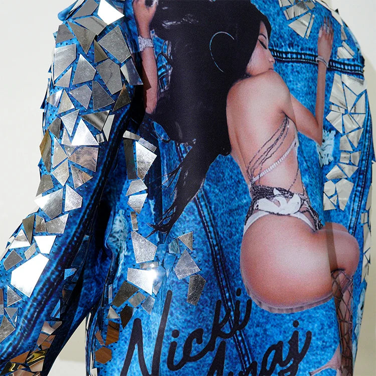 Blue Cowboy Mirror Jacket Women Shiny Stage Performance Costume Party Dance Nightclub Rave Singer DJ Hip Hop Dance Outfit