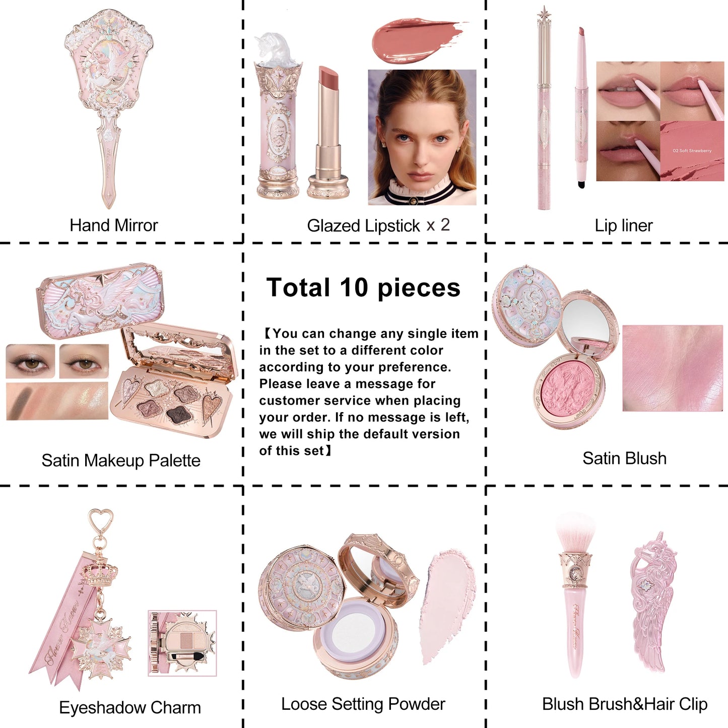 Flower Knows Knight Unicorn Makeup Set Eyeshadow Blush Lipstick Loose Powder Long Lasting Fantasy Princess Beauty Kit Cosmetics