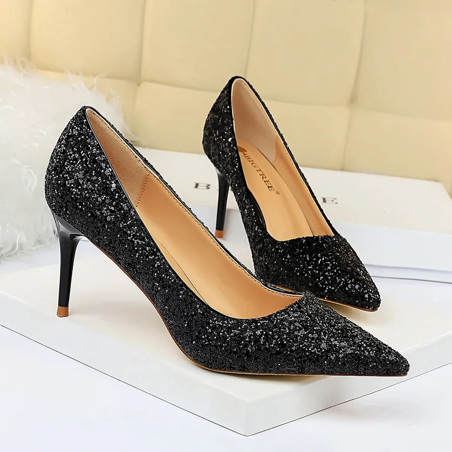 Women 7cm 9.5cm High Heels Pumps Wedding Bridal Scarpins Sparkly Mid Heels Lady Party Sequins Glitter Evening Gold Silver Shoes