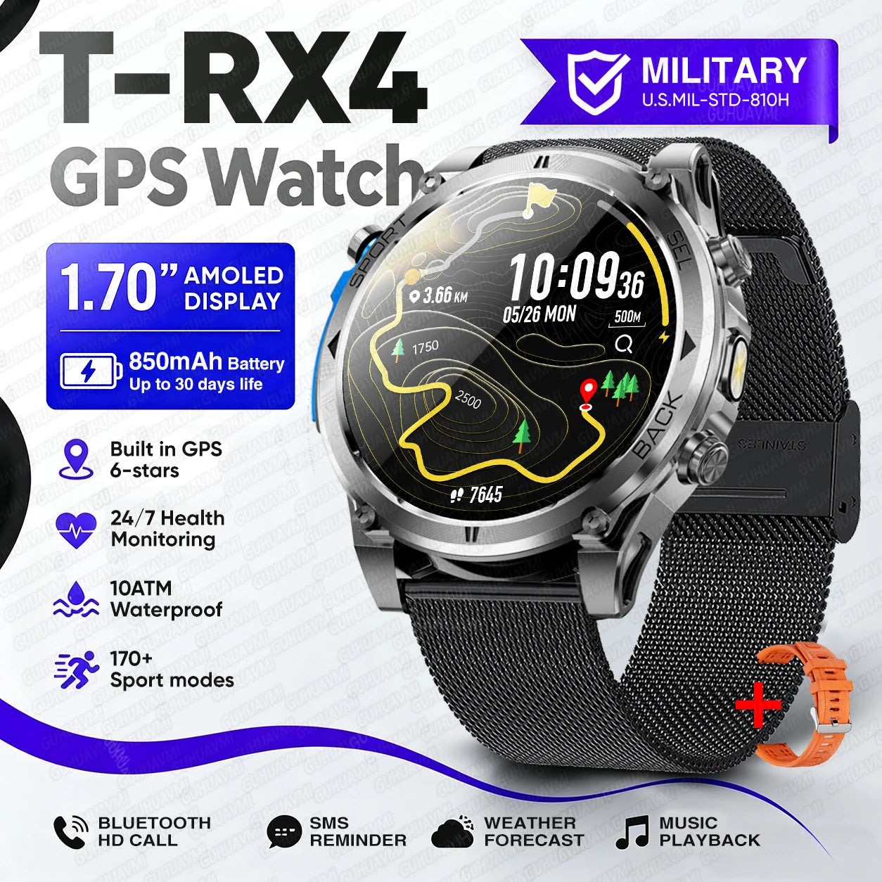 2026 New Military T-RX4 Ultra GPS Smart Watch Men 10ATM Waterproof Compass Flashlight Bluetooth Call Sports tracker Smartwatch
