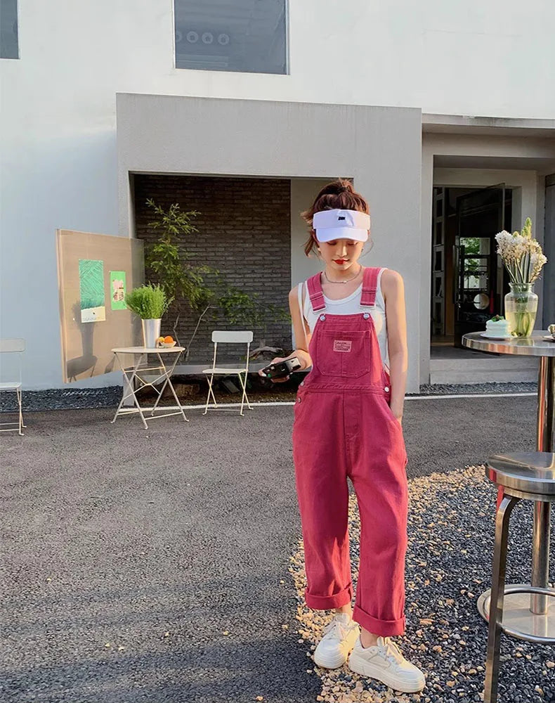 Vintage Pink Denim Overalls Adjustable Strap Wide Leg Jumpsuit Y2K Cute Campus Casual Pants