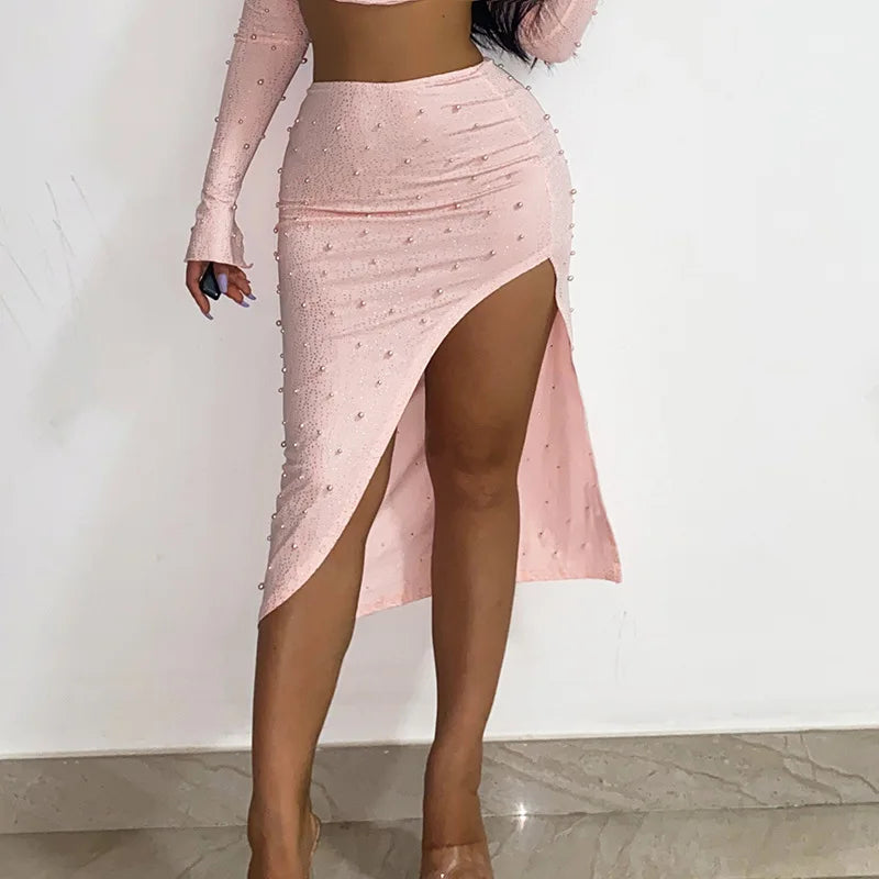 Luxury Y2k Bodycon Sexy Two-piece Set Skirt Sets Sequins Pearls Women Outfits Evening Party Gowns Chic Dresses Short Suits White