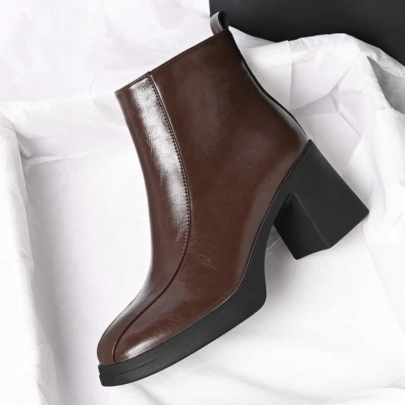 Women's Soft Sole Paneled Booties Winter New Square Toe Zip Non-Slip Heeled Leather Shoes