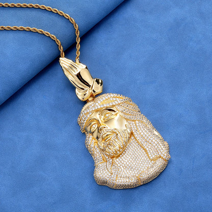 HHIOK Iced Out Jesus Head Pendant S925 Silver Moissanite Praying Hands Pendant Hip Hop Religious Jewelry For Men
