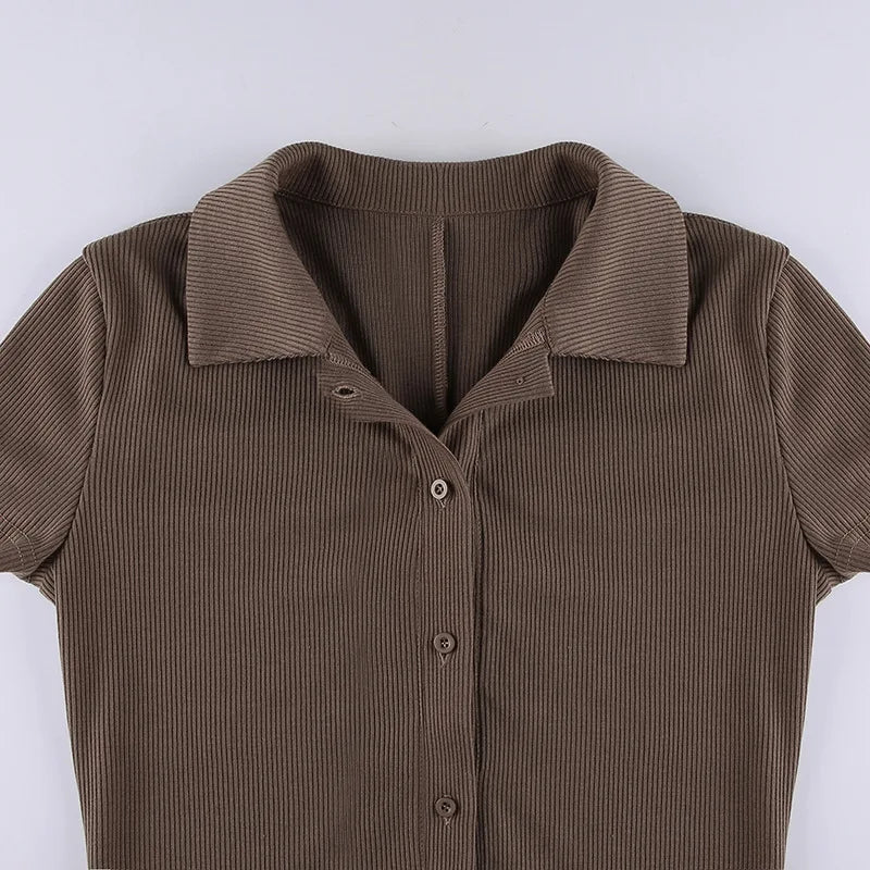 Fashion Solid Color Lapel Short Playsuit One-Piece Slim Fit Button Down Short Sleeve Rompers Casual Knit Y2k Womens Clothing